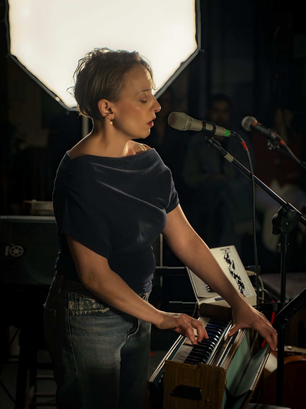 The singer at a small keyboard under the stage light
