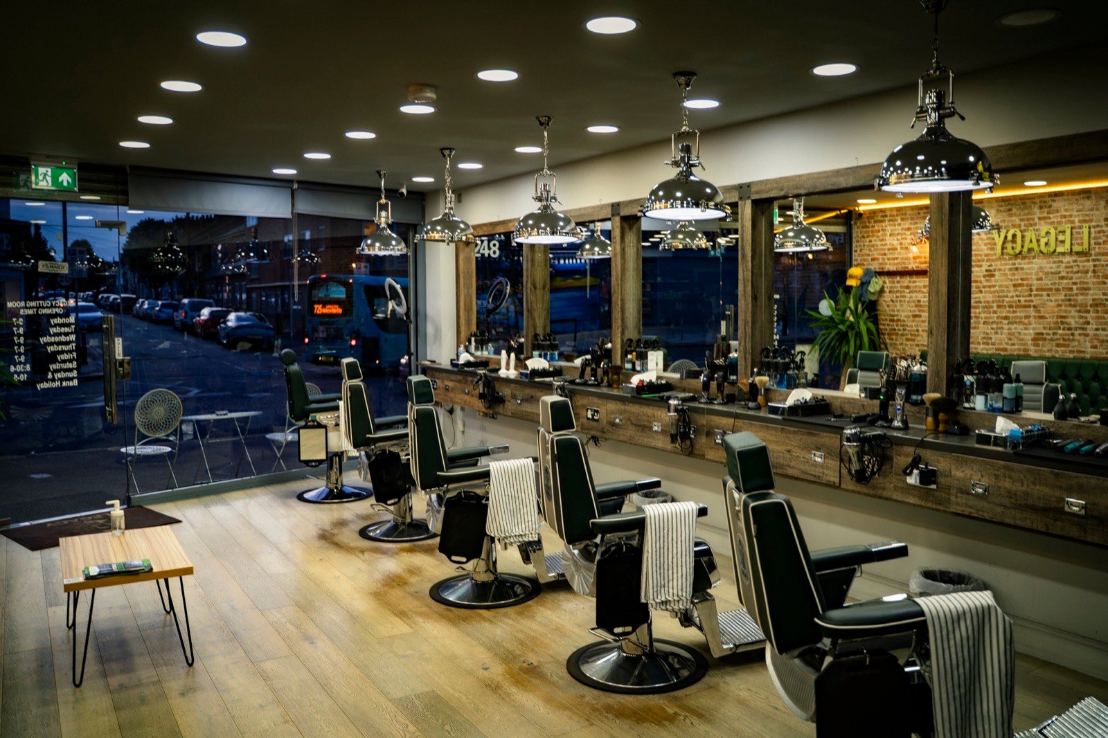 The shop at dusk, looking out to the street