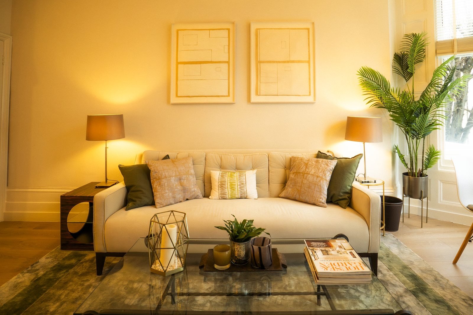 A sitting room in Earl’s Court with a pale sofa and a large plant