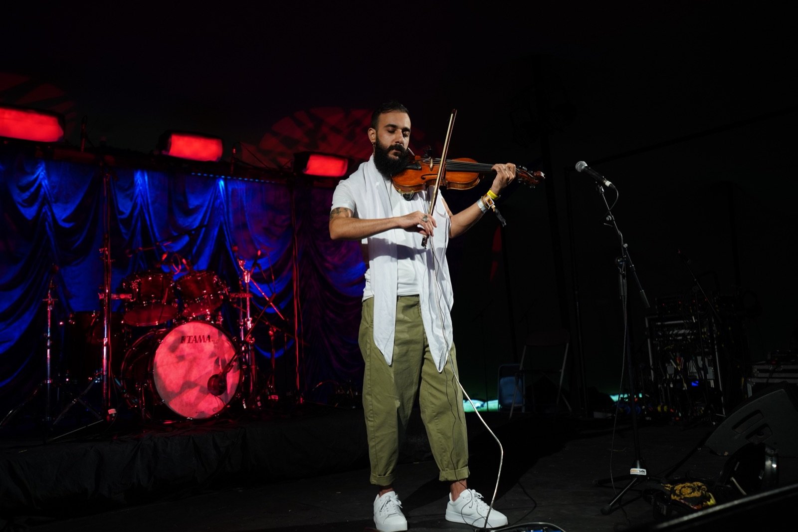 The violin under blue and red light